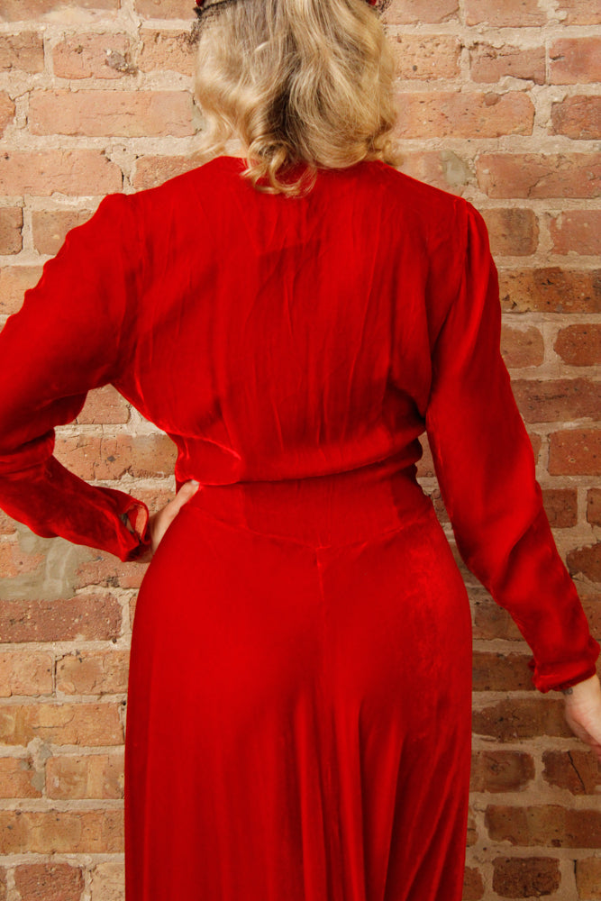 1940s Nini Turcotle Rayon Red Velvet Gown - S/M