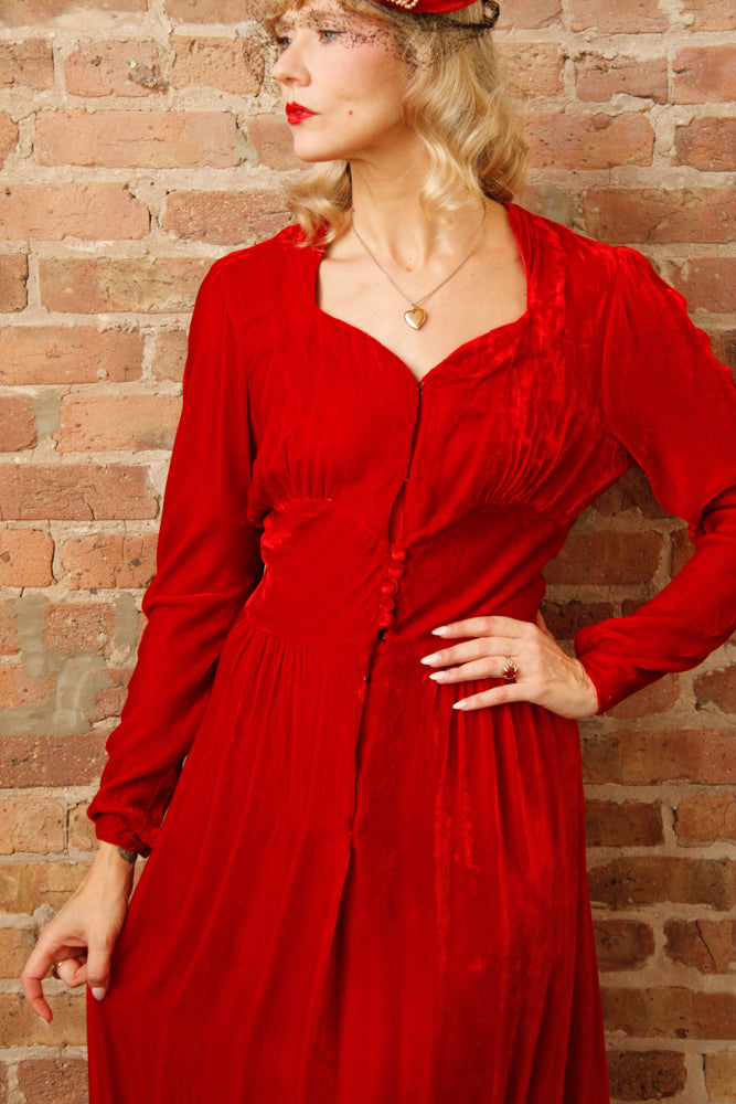 1940s Nini Turcotle Rayon Red Velvet Gown - S/M