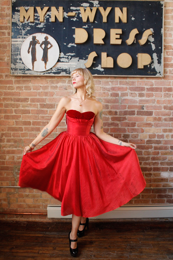 1950s Red Silk & Velvet Cupcake Dress - Xsmall