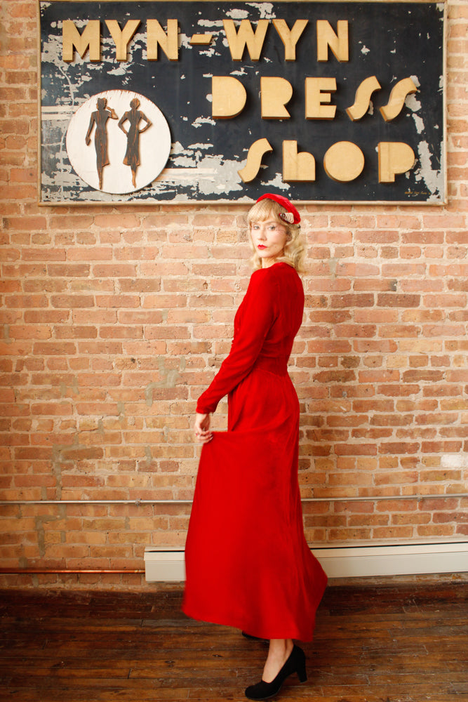 1940s Nini Turcotle Rayon Red Velvet Gown - S/M