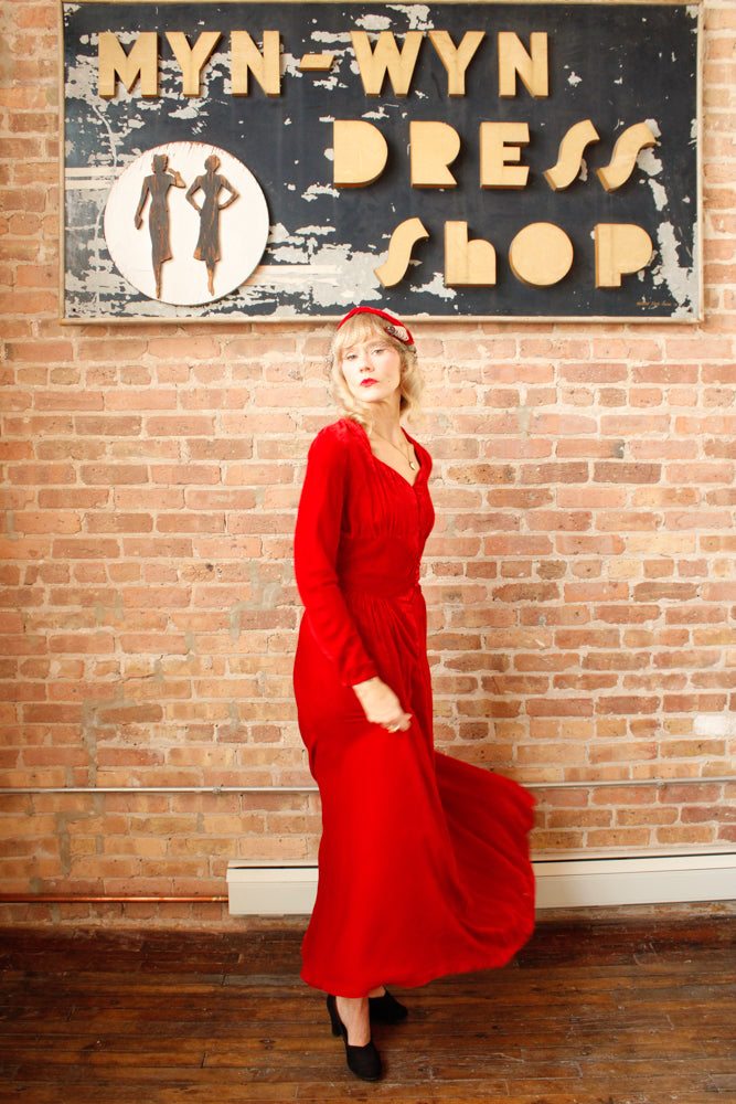 1940s Nini Turcotle Rayon Red Velvet Gown - S/M