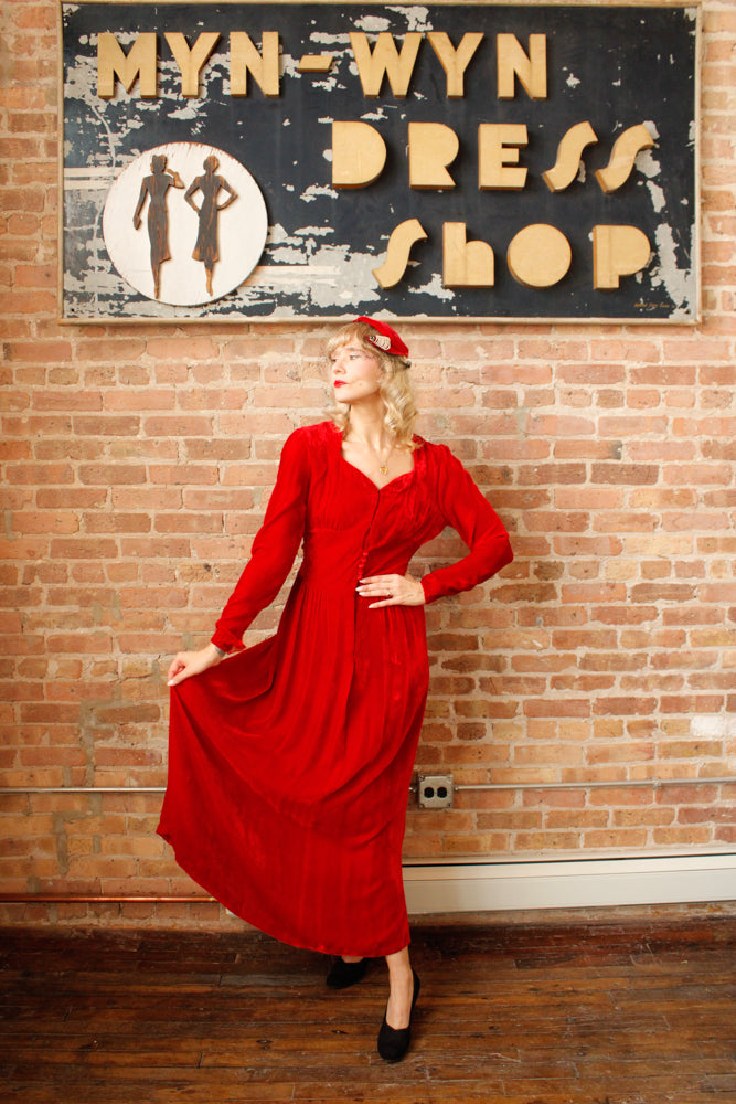 1940s Nini Turcotle Rayon Red Velvet Gown - S/M