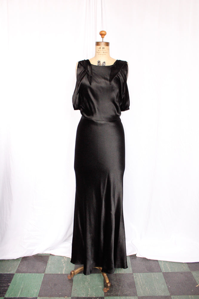 1930s Black Silk Satin Gown - Small to Medium