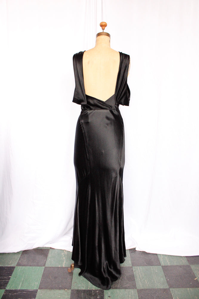 1930s Black Silk Satin Gown - Small to Medium