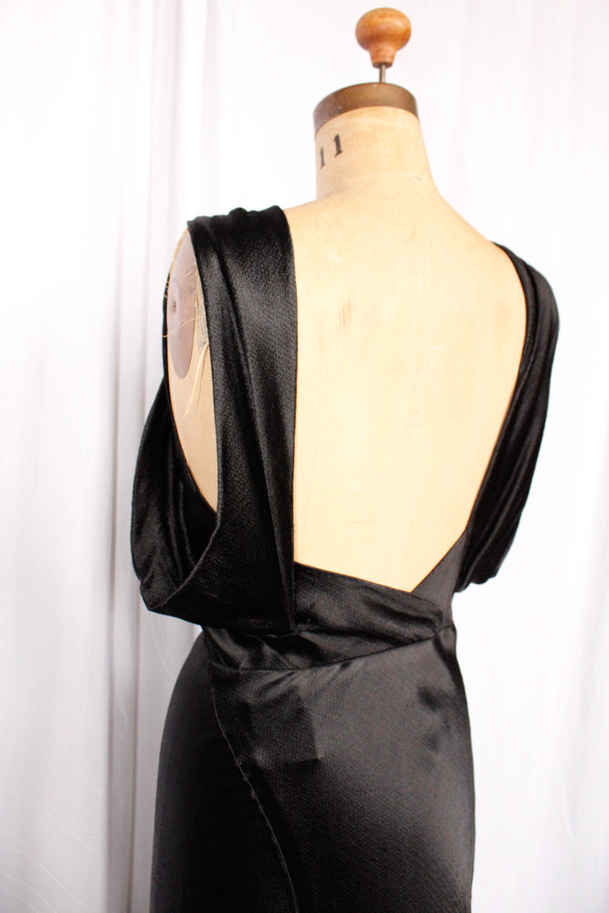 1930s Black Silk Satin Gown - Small to Medium