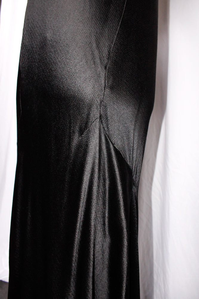 1930s Black Silk Satin Gown - Small to Medium