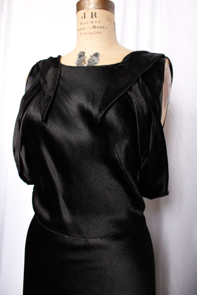 1930s Black Silk Satin Gown - Small to Medium