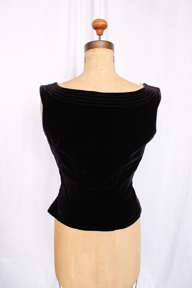 1950s Velvet Black Blouse - Small