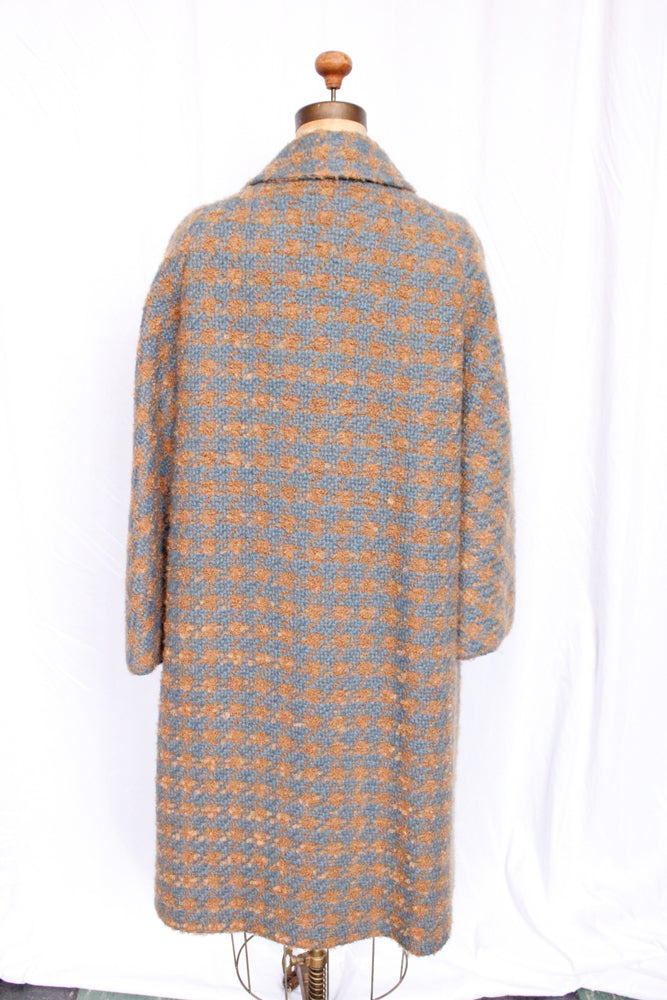 1950s Tan & Blue Tweed Plaid Wool Coat - Large