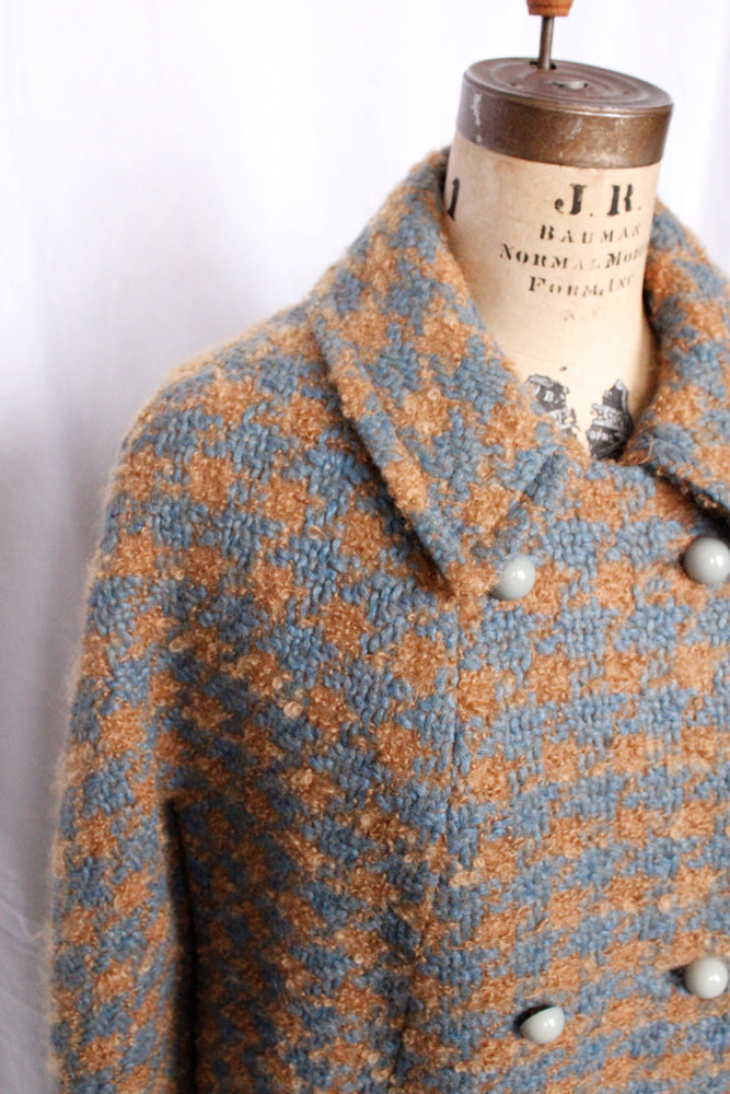 1950s Tan & Blue Tweed Plaid Wool Coat - Large