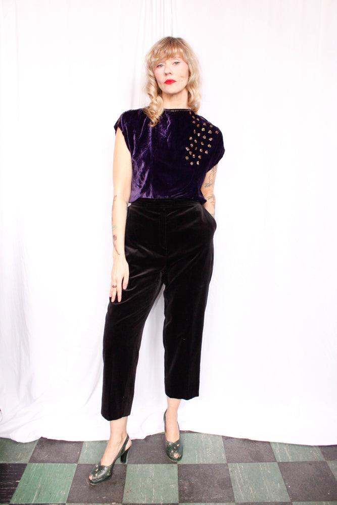 1980s Black Velvet Cropped Pant - Large