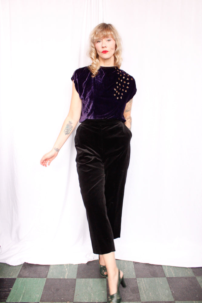 1980s Black Velvet Cropped Pant - Large