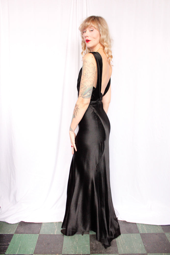 1930s Black Silk Satin Gown - Small to Medium