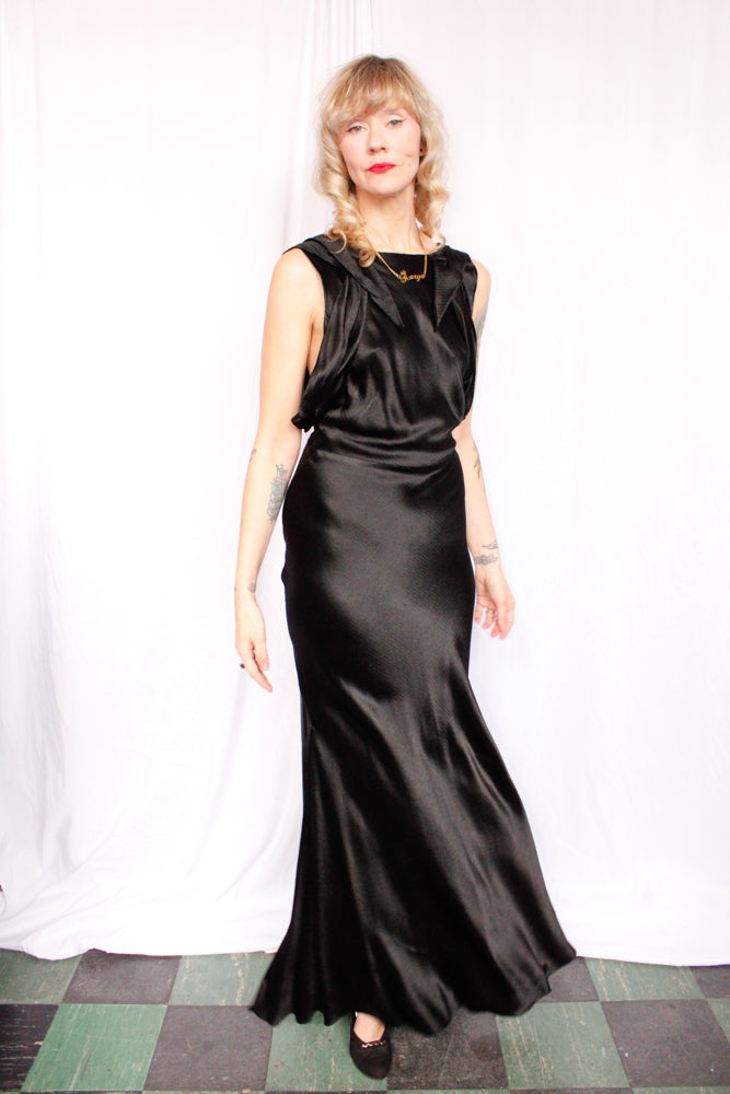 1930s Black Silk Satin Gown - Small to Medium