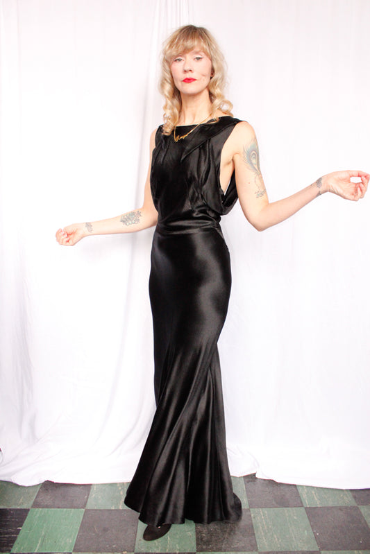 1930s Black Silk Satin Gown - Small to Medium