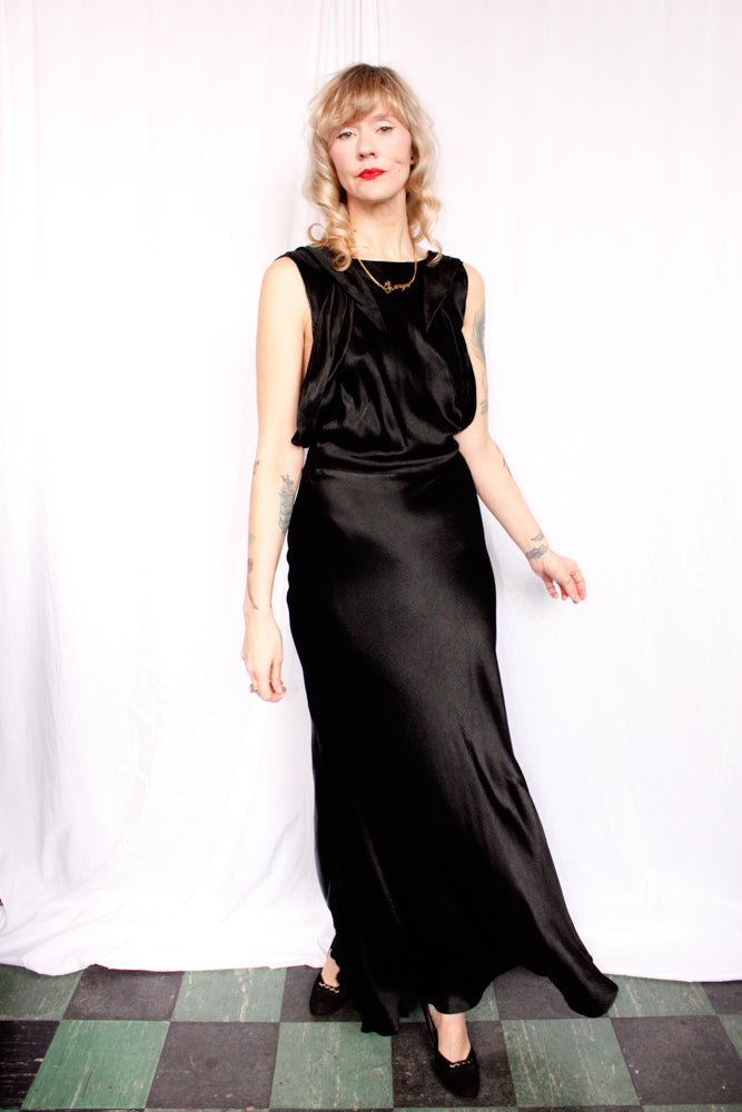 1930s Black Silk Satin Gown - Small to Medium