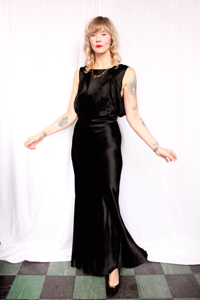 1930s Black Silk Satin Gown - Small to Medium