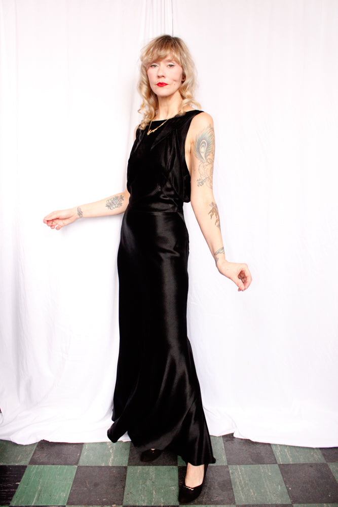 1930s Black Silk Satin Gown - Small to Medium