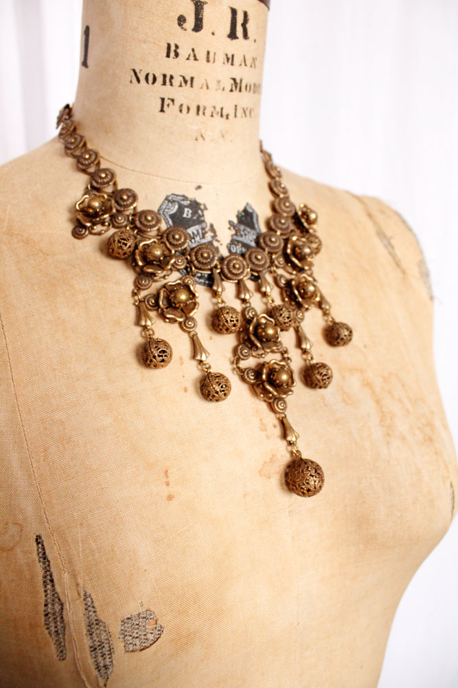 1940s Flower Brass Statement Necklace