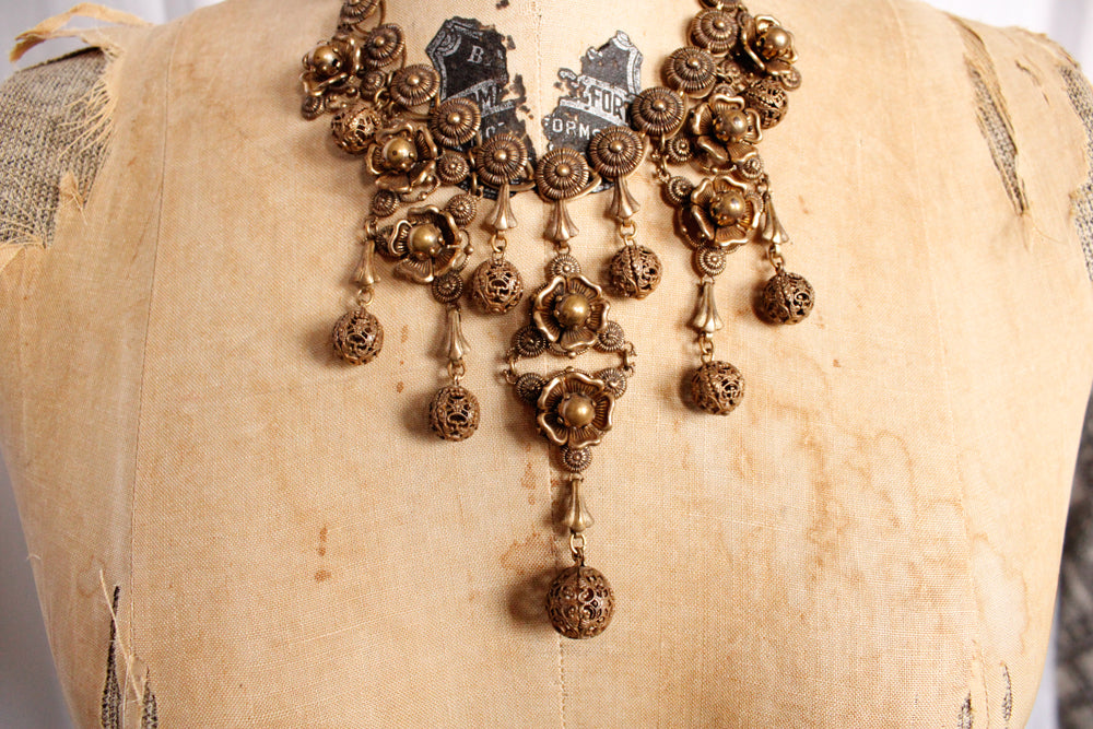 1940s Flower Brass Statement Necklace