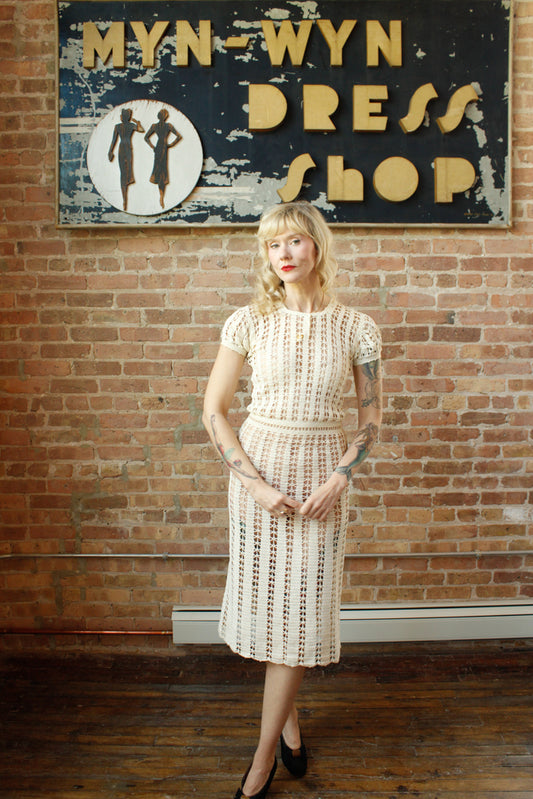1930s Crochet Cream Dress - Small