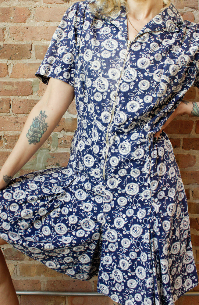 1930s Folk Print Cotton Playsuit - Medium