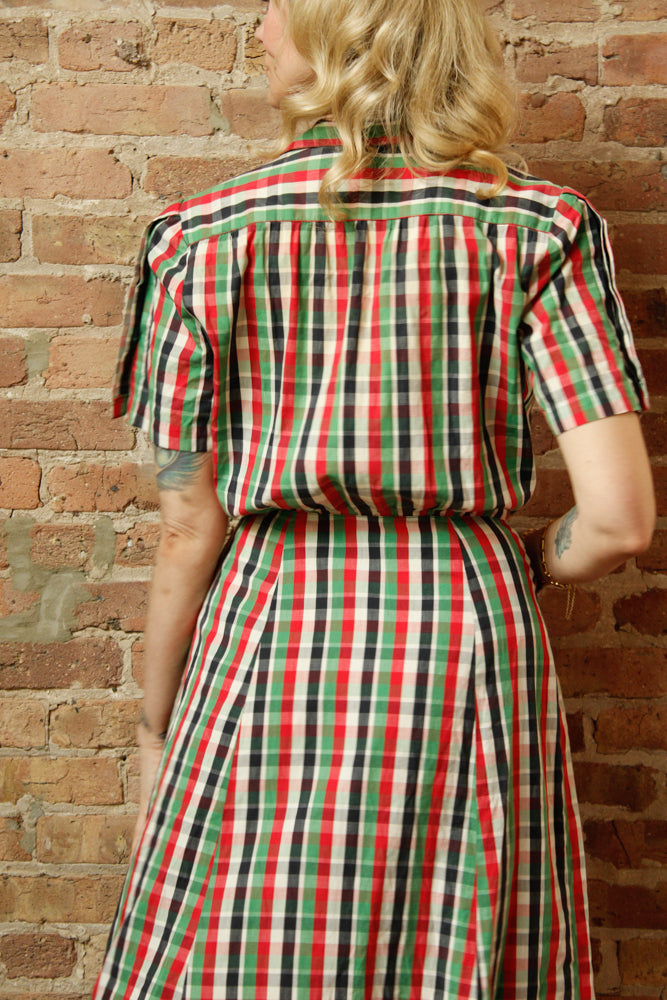 1940s Red & Green Cotton Plaid Front Zip Dress - Medium