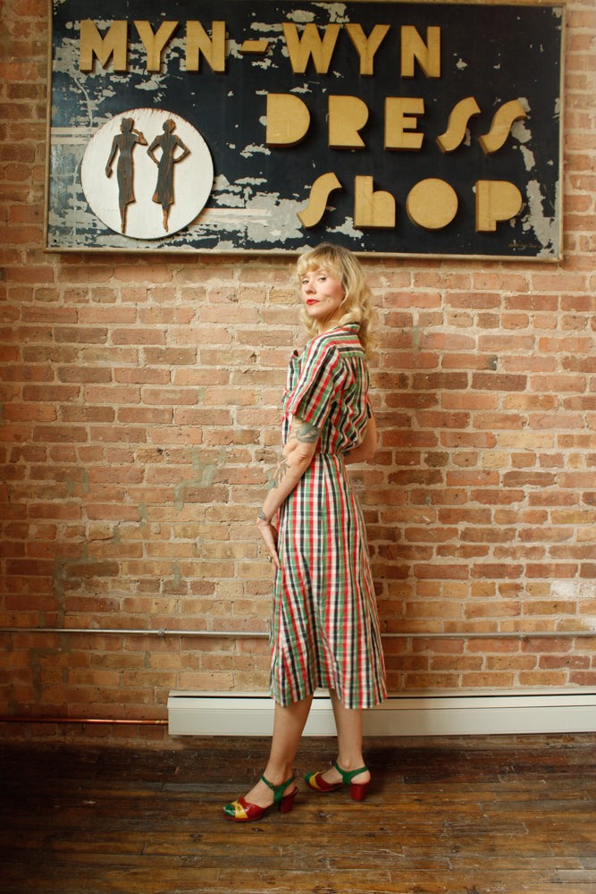 1940s Red & Green Cotton Plaid Front Zip Dress - Medium
