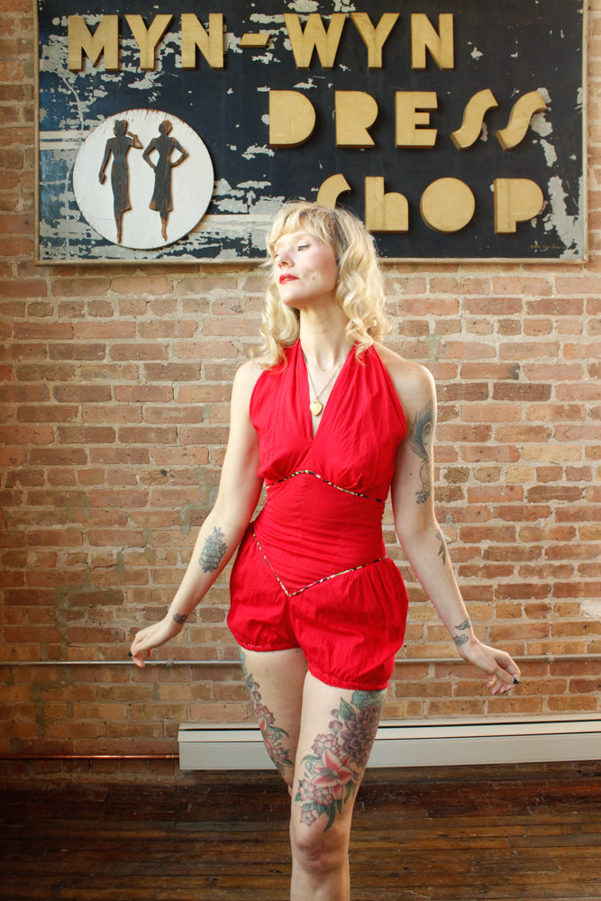 1950s Red Cotton Halter Playsuit - Small