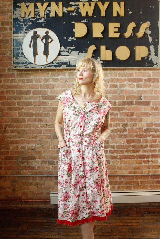 1950s Pink & Red Floral Cotton Dress - XXL