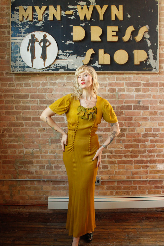 1930s Reverse Silk Crepe Chartreuse Gown - S/M