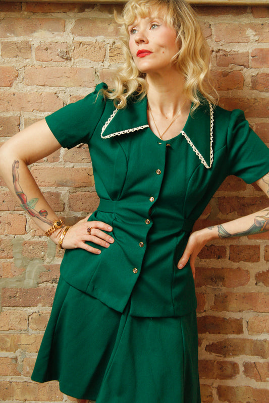 1970s 2pc Green Top & Skirt - Medium
