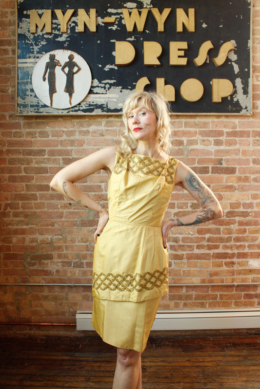 1960s Gold Beaded Silk Cocktail Dress - Small 