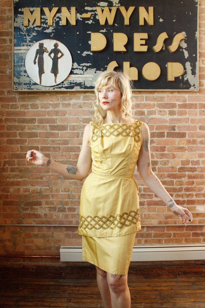 1960s Gold Beaded Silk Cocktail Dress - Small 