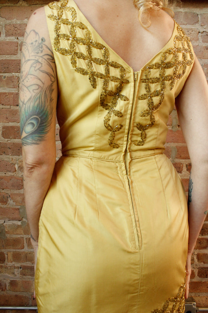 1960s Gold Beaded Silk Cocktail Dress - Small 