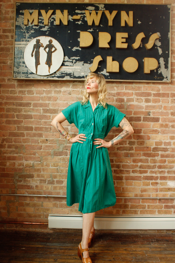 1950s Teal Green Cotton Dress - Large