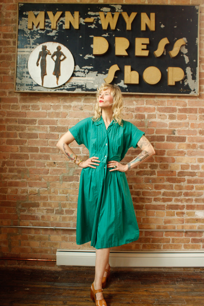 1950s Teal Green Cotton Dress - Large