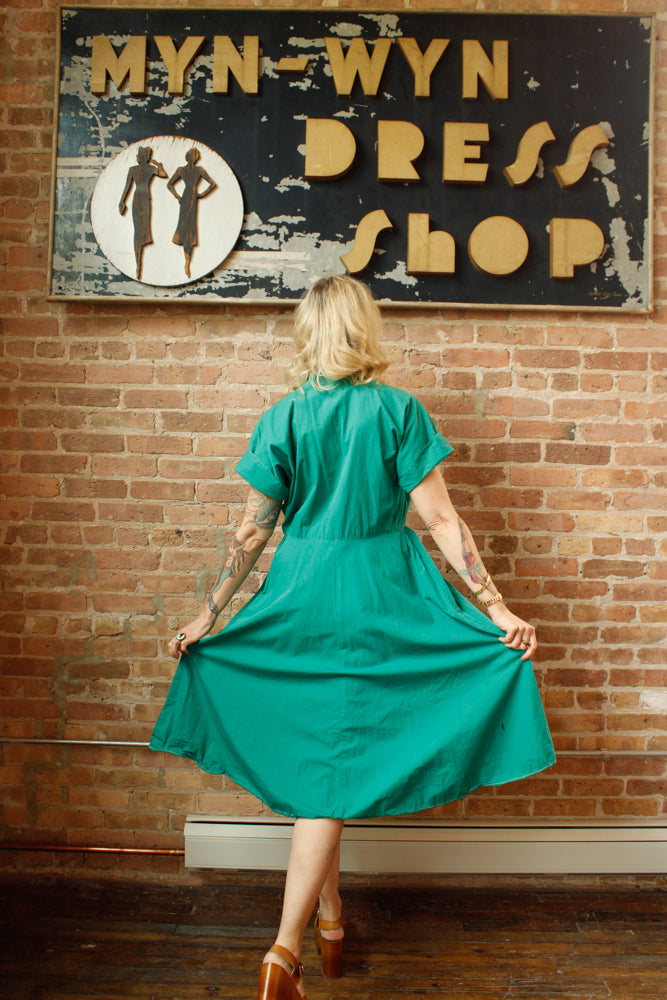 1950s Teal Green Cotton Dress - Large