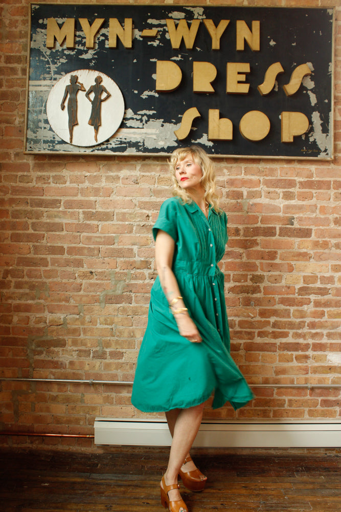 1950s Teal Green Cotton Dress - Large