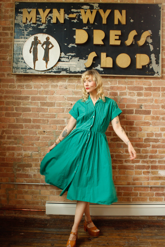 1950s Teal Green Cotton Dress - Large