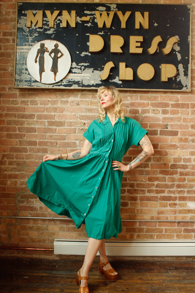 1950s Teal Green Cotton Dress - Large