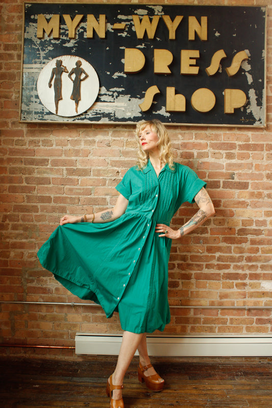 1950s Teal Green Cotton Dress - Large