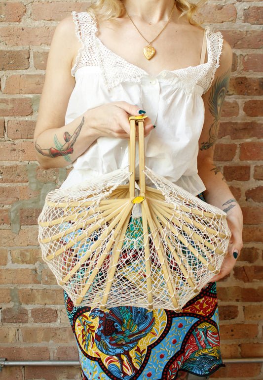 1940s RARE Collapsable Blonde Bamboo Summer Bag