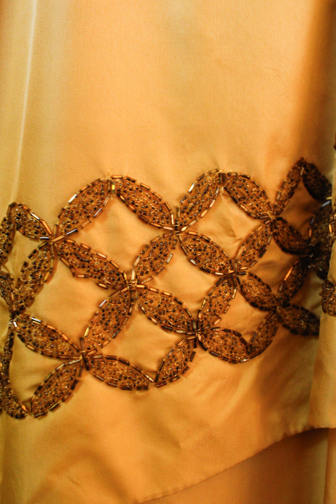 1960s Gold Beaded Silk Cocktail Dress - Small 