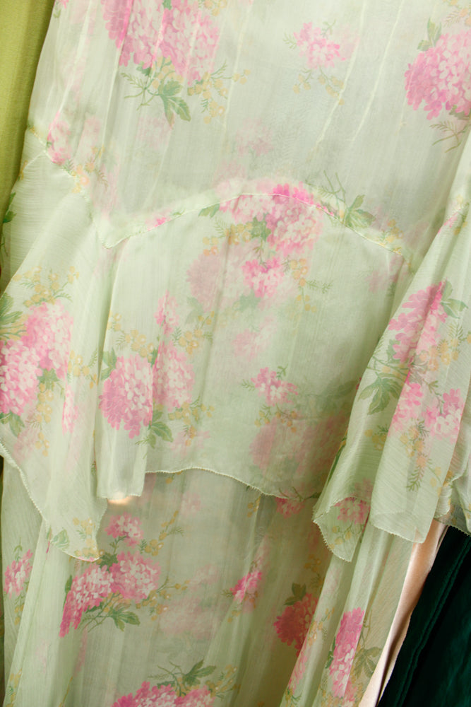 1920s Silk Floral Green Sheer Dress - Medium