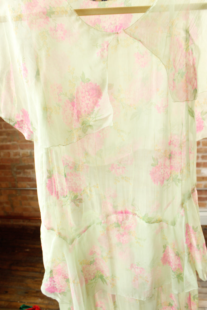 1920s Silk Floral Green Sheer Dress - Medium