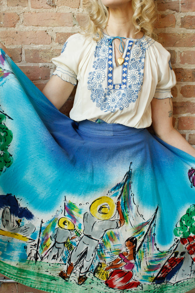1950s GORGEOUS & BOLD Hand Painted Mexican Circle Skirt by artist D'oro - Large