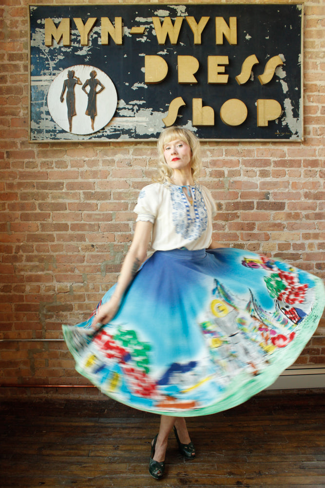 1950s GORGEOUS & BOLD Hand Painted Mexican Circle Skirt by artist D'oro - Large