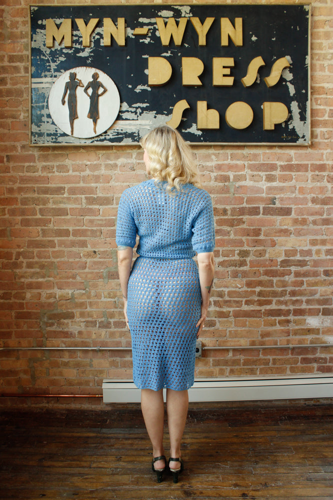 1930s Crochet Blue Sweater and Skirt Set - Xsmall