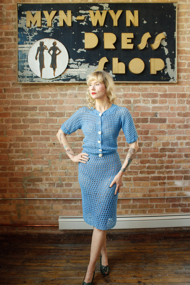 1930s Crochet Blue Sweater and Skirt Set - Xsmall
